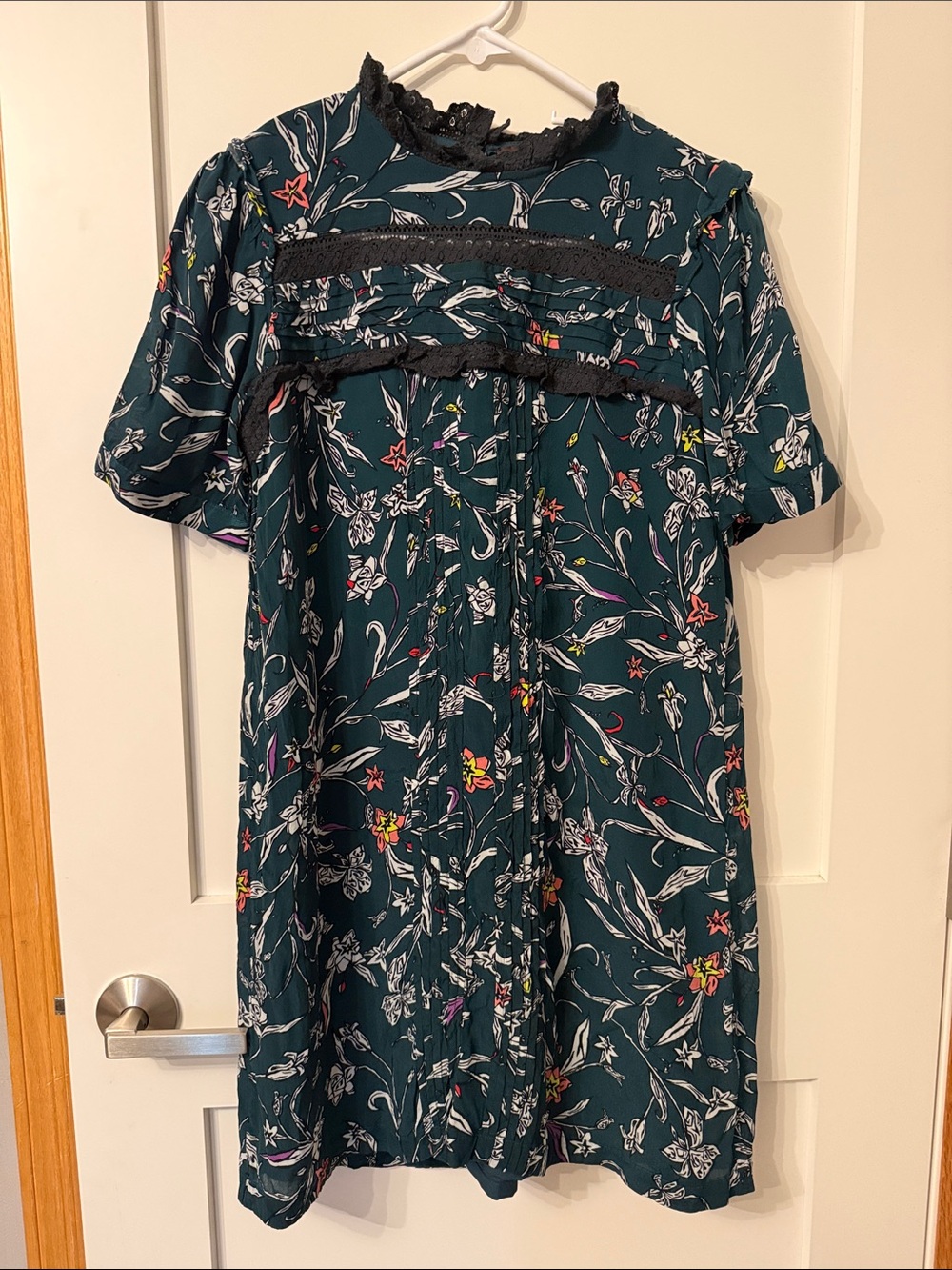 Floral Dark Teal Short-Sleeve Mini Dress with Lace Trim-small